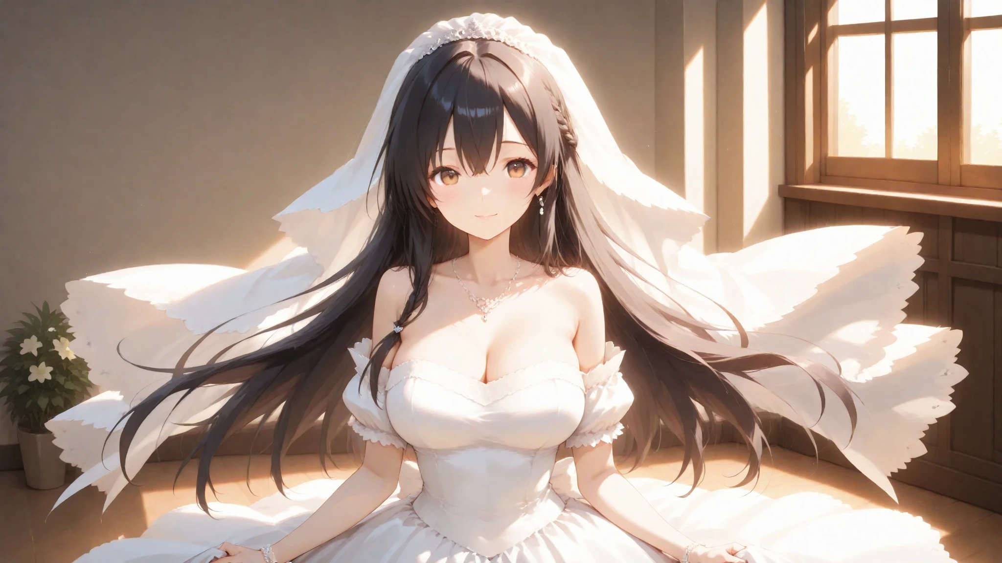 (Masterpiece, best quality), long black hair, ponytail, halo, bangs, yellow eyes, (( wedding dress )), big tits, blusing, little smile, upper body, volumetric lighting 