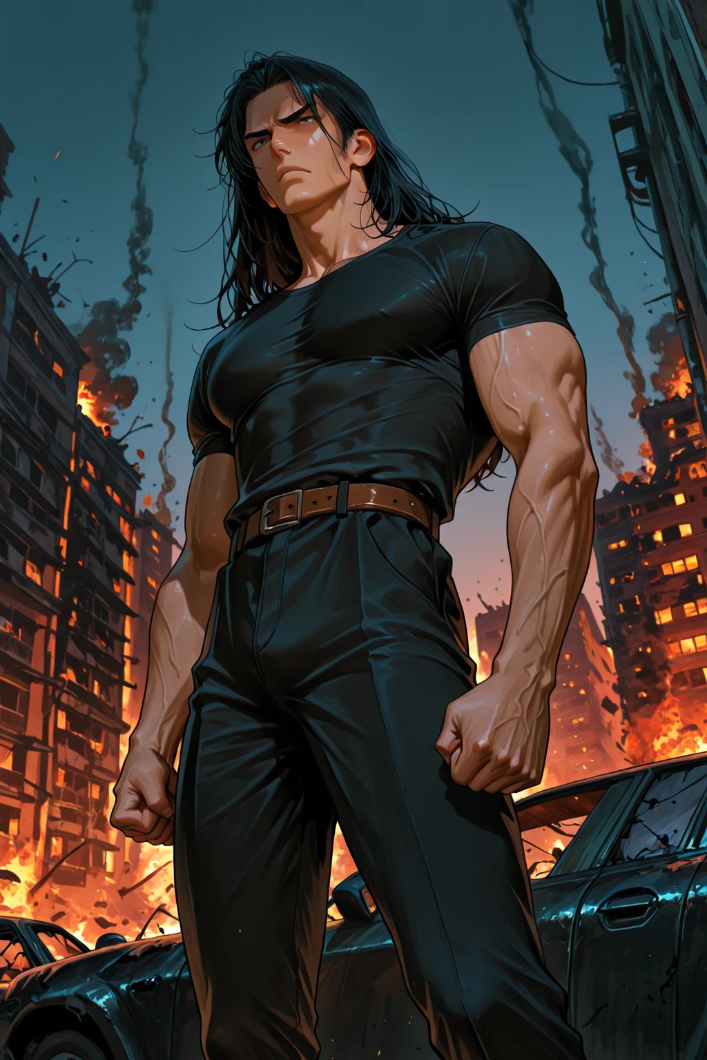 Villainous man, shirtless and with super detailed black pants, black gloves, power in the right hand, black All Star Converse sneakers, long hair yellow color, power of destruction in your control, ruined scenery with smoke and fires