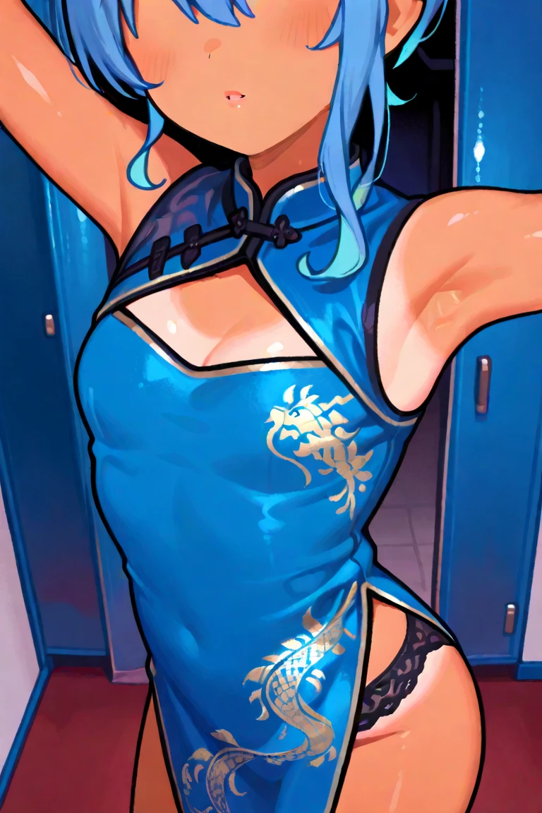 masterpiece, best quality, highres, hmkotori, short hair, multicolored hair, single hair bun, hair ribbon standing, cowboy shot, outdoors, smile, arms at sides, straight-on, reverse bunnysuit, heart pasties,