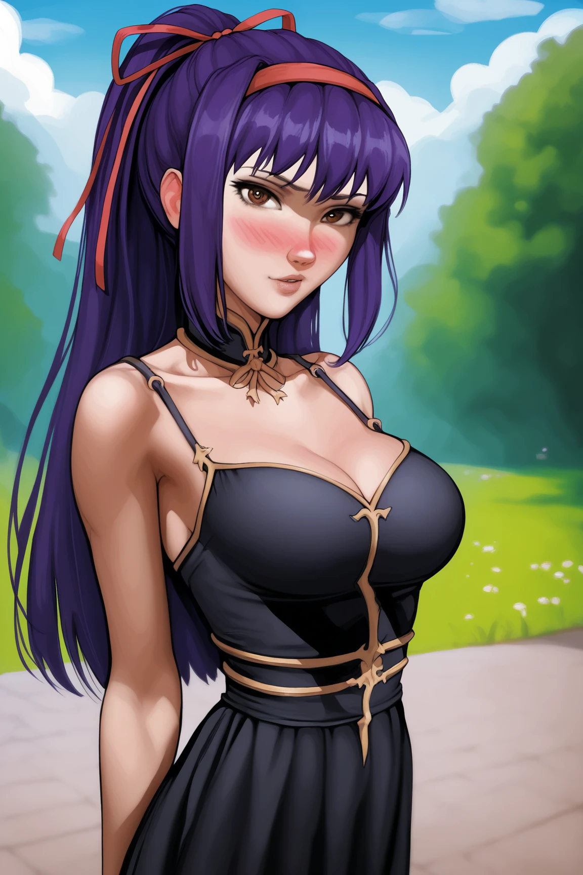 distant, distant, Long hair, Bangs, (Purple eyes:1.1), Purple hair, fullnude, plein air, Looking at Viewer, Upper body, (masutepiece:1.2), Best Quality, High resolution, Unity 8k壁纸, (Illustration:0.8), (Beautiful detailed eyes:1.6), extra detailed face, Perfect Lighting, extremely details CG, (Perfect Anatomy)、Pubic hair is fully visible、Full nipple visible
