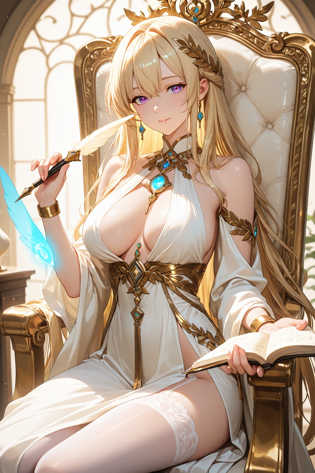 Masterpiece, Best Quality, (((Solo mature woman Janet))), (((platinum blonde hair))), very long braided Ponytail, (((wide hips))), (((light blue eyes))), full lips, seductive smile, cleavage, kneeling with silk pillows, (((bookshelves, candles))) sunset, blushing, , "beautiful mature face" , age30 , MILF , adult ((purple open kimono with detailed patterns of gold)), bare shoulder, ((Sexual suggestiveness)), perfect beautiful eyes, detailed eyes. thick lips, ((huge )), (Thick thighs), top down, looking down, (((shiny oiled skin))), (((chubby))), (((crystal Ball)), (((jewelry))), purple gold kimono, hair covering face