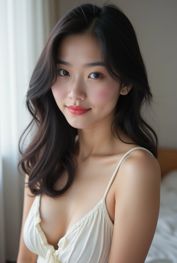 A woman in a white top sits on the bed, gorgeous young Korean woman, beautiful south Korean woman, beautiful young Korean woman, Korean Girl, Young and cute Korean face, Beautiful Asian girl, Korean woman, Beautiful Chinese model, Cute and delicate face, Beautiful Asian woman, A beautiful young woman, Beautiful delicate face, Female beautiful face, Very beautiful young woman, Beautiful girl model,Translucent skin