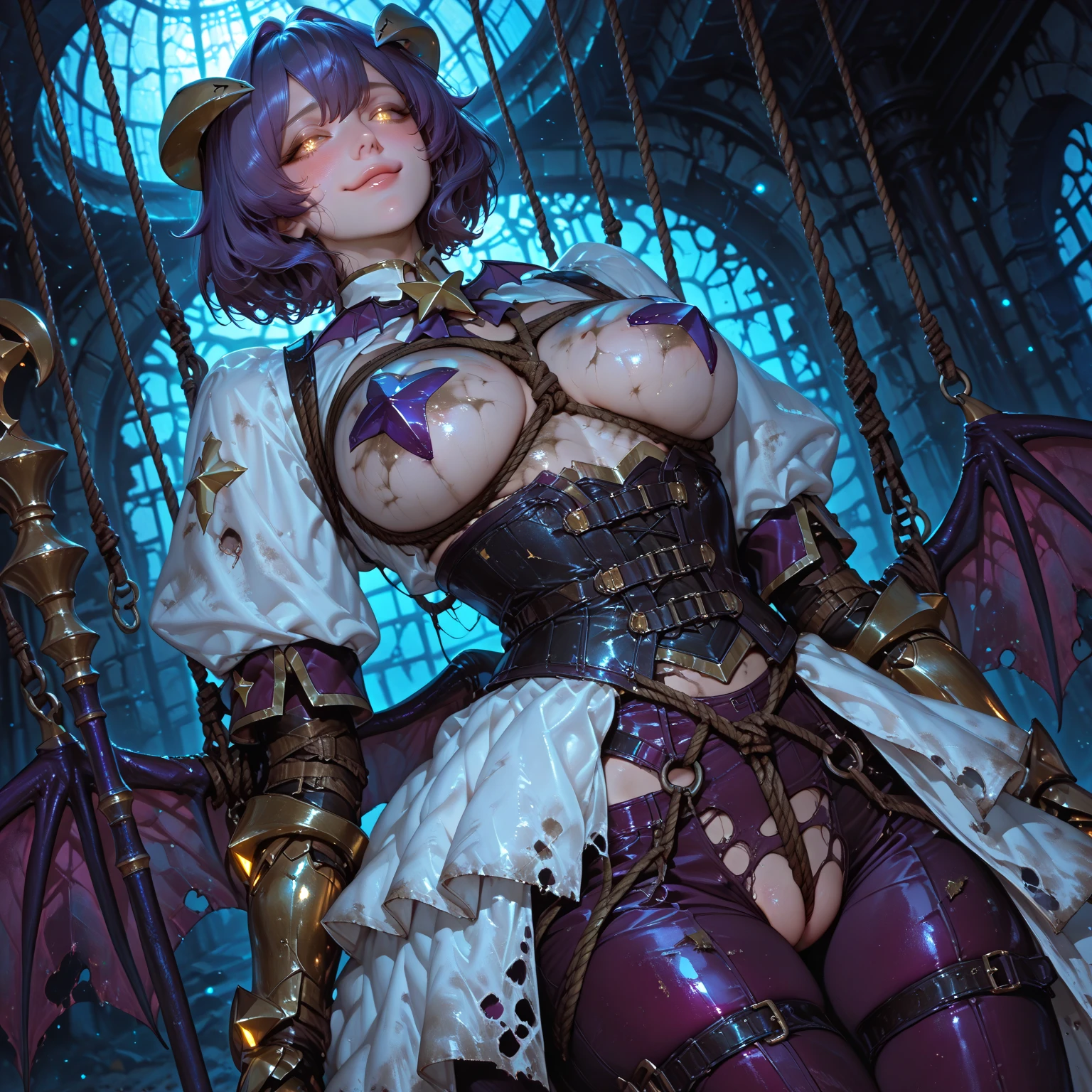 ((Small girl)), (((1girl))), (big cock):1.5, lingerie, average breasts, (4k, highres, best quality, masterpiece), night bedroom, sat on bed, leaning on pillow, (golden streaked hair, casual, single purple highlights, bangs) neighborhood street and roads outside window, dim lighting, soft lights,