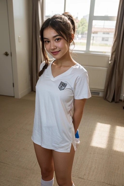 "Generate a photo-realistic image portraying a Hispanic-Filipina woman, aged 28, standing in a living room of a condo apartment in the Philippines. Her skin is dark tan, complementing her Hispanic-Latin-Filipina heritage. She has a slender, figure and sports waist-length, thick hair and a flat nose. Her outfit consists of small shorts and a t-shirt which has a Philippines flag design. The setting is captured in the evening with twilight hues filtering through the living room window. The photograph should focus on capturing detailed emotions in her angry, pouting face, furrowed brow, and the rich details of her hair, using a 2.8 aperture for a depth of field effect."