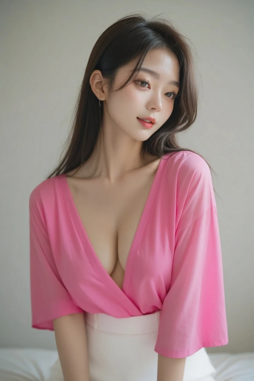Beautiful girl, pubic hair angle, 1, sexualizing for the camera, , marked nipples, pink blouse, transparent blouse, raising the skirt, high skirt, mini skirt, pink pussy, Pale skin, props