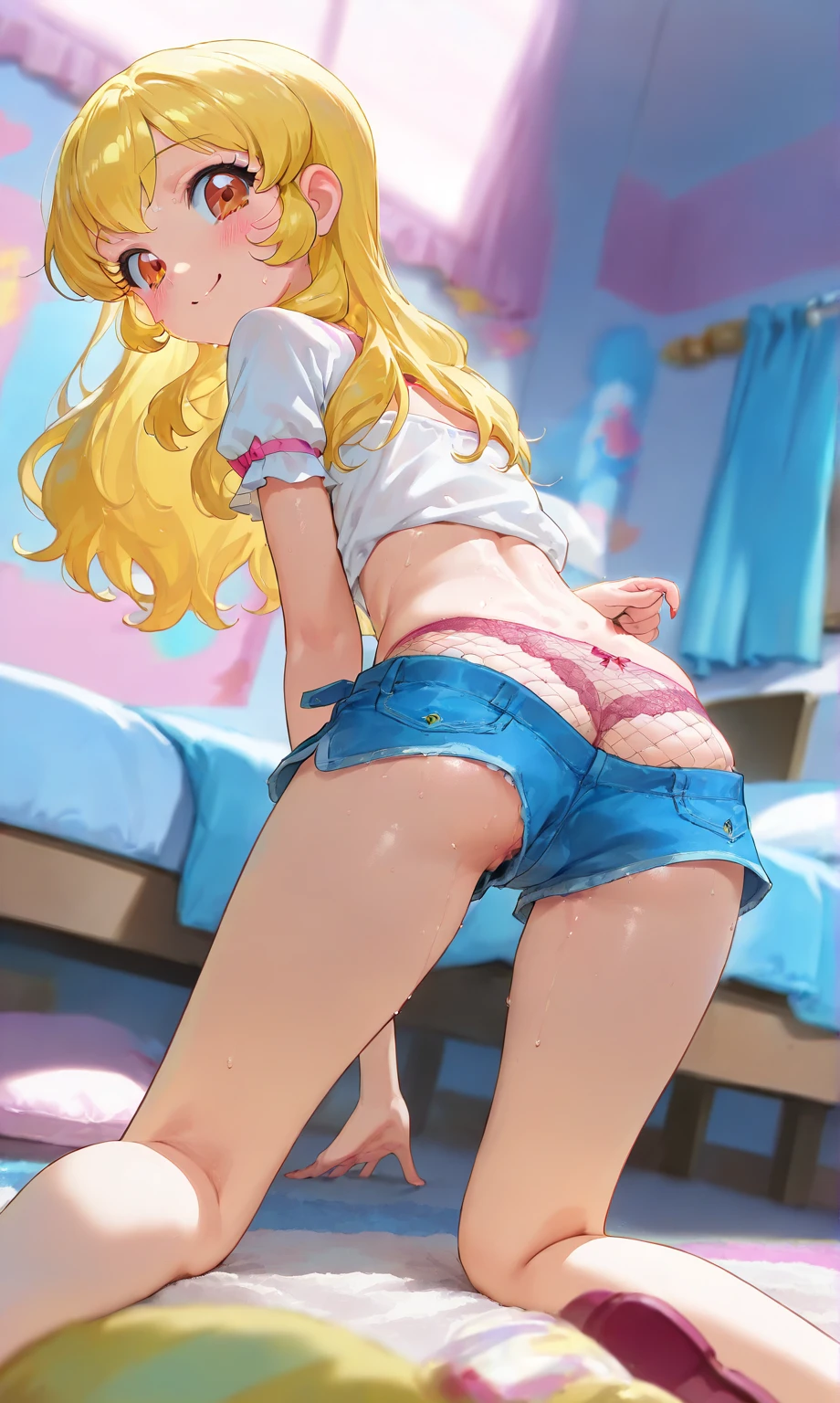 young Girl, (pastel colored banana printed designed seamless panties), miniskirt , presented panties, showing panties, teasing panties, bottom-back view, climbing stairs, blonde twin-tails, looking back, panty shot, low angle, up one legs, cameltoe, ?????? seam, up skirt, lift up skirt yourself, [[small breasts:0.8]], back shot, look back, happy light smile, sweaty, sweaty body, sweaty skin, oily wet skin, framed body lines, ((closeup buttocks, back shot, look back)), Wrinkles in clothes, full body, Wearing sweat, ((Body lines stand out)), japanese girl, japanese kids, (petit, being stumpy, short legs, short arms), [gyaru], [healthy one-piece swimsuit tan:0.8]
