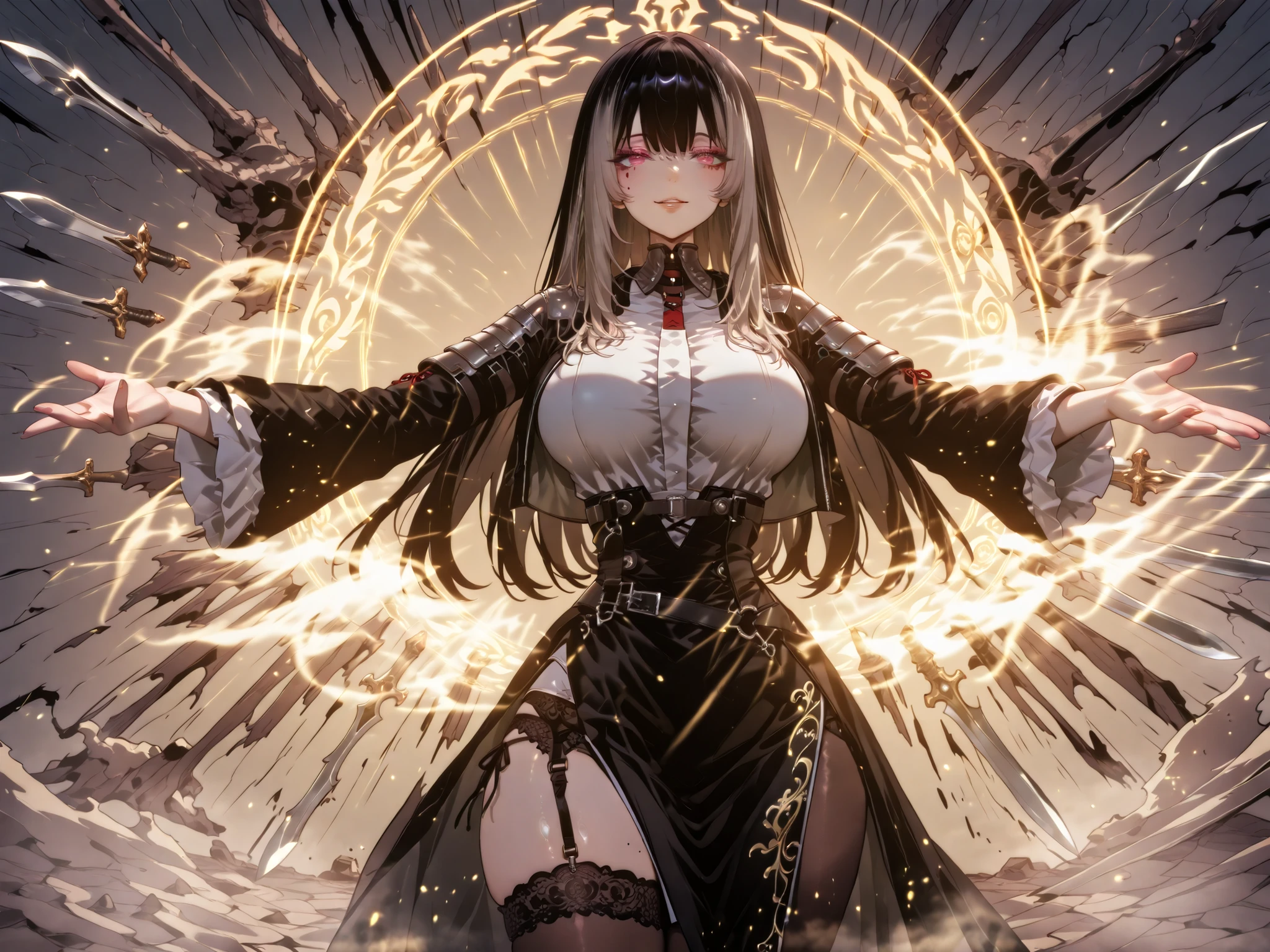 taken from above、Ball of Light、雷magic、caveの中、Ruins、black suit、black longsuit、 black long jacket、ゴスロリなshirt、Depressed、Tall Woman、A woman in her thirties、 Alassah's woman、Steins;Gate、 black longsuit 、score_9, score_8_up, score_7_up, Source_anime,masterpiece、No expression、no makeup、top quality,Beautifully Detailed Eyes, Exquisite Eyes、A sophisticated eye、highly detailed eyes and faces,unmotivated expression、lethargic face、 long breasts, Black Jacketを羽織る、Black Jacket、shirt, big saggy breasts, shockingly big breasts, big breasts,big boobs、boobs 、Zitoida, makeup、no makeup、long hair、smooth straight hair、tall woman、Tall Woman、plump thighs, parted lips、 shining eyes,(Fire Aura Onkown),dungeon内、Crimson Eyes、long hair、dark haired、黒い髪、long straight hair、dungeon、cave、Ruins、solo、soloプレイヤー、Wide ass、beautiful butt、stick your butt into the focus of your butt、long boots、Shoulder Armor、Fearless Laugh、strong、Is confident、black tight skirt with tarai in hand、Black Garter Belt、black tights、long tight skirt、Dynamic、Satu、fight、Satu狂、俺だけレベルupな件、arrogant、 Confidence々The smile 、bewitching smile、Sadist、Satu中、hunting、hunting、intimidating、magic使い、magic、magic、plasma、wear black tights、Gate of Babylon,, Floating weapon ,  multiple weapons  , growing , Battle Axe , halberd