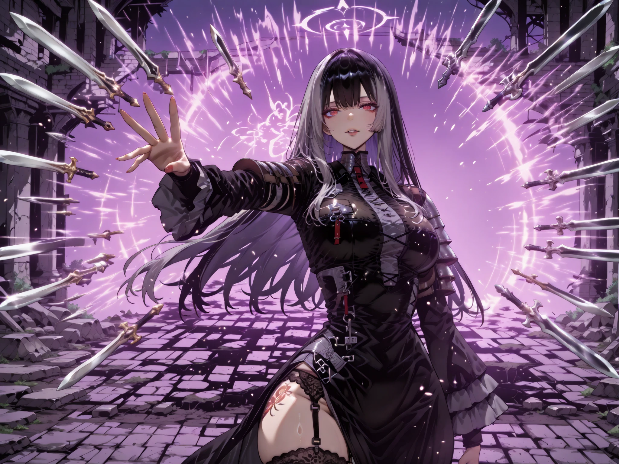 taken from above、Ball of Light、雷magic、caveの中、Ruins、black suit、black longsuit、 black long jacket、ゴスロリなshirt、Depressed、Tall Woman、A woman in her thirties、 Alassah's woman、Steins;Gate、 black longsuit 、score_9, score_8_up, score_7_up, Source_anime,masterpiece、No expression、no makeup、top quality,Beautifully Detailed Eyes, Exquisite Eyes、A sophisticated eye、highly detailed eyes and faces,unmotivated expression、lethargic face、 long breasts, Black Jacketを羽織る、Black Jacket、shirt, big saggy breasts, shockingly big breasts, big breasts,big boobs、boobs 、Zitoida, makeup、no makeup、long hair、smooth straight hair、tall woman、Tall Woman、plump thighs, parted lips、 shining eyes,(Fire Aura Onkown),dungeon内、Crimson Eyes、long hair、dark haired、黒い髪、long straight hair、dungeon、cave、Ruins、solo、soloプレイヤー、Wide ass、beautiful butt、stick your butt into the focus of your butt、long boots、Shoulder Armor、Fearless Laugh、strong、Is confident、black tight skirt with tarai in hand、Black Garter Belt、black tights、long tight skirt、Dynamic、Satu、fight、Satu狂、俺だけレベルupな件、arrogant、 Confidence々The smile 、bewitching smile、Sadist、Satu中、hunting、hunting、intimidating、magic使い、magic、magic、plasma、wear black tights、Gate of Babylon,, Floating weapon , multiple weapons , growing , Battle Axe , halberd