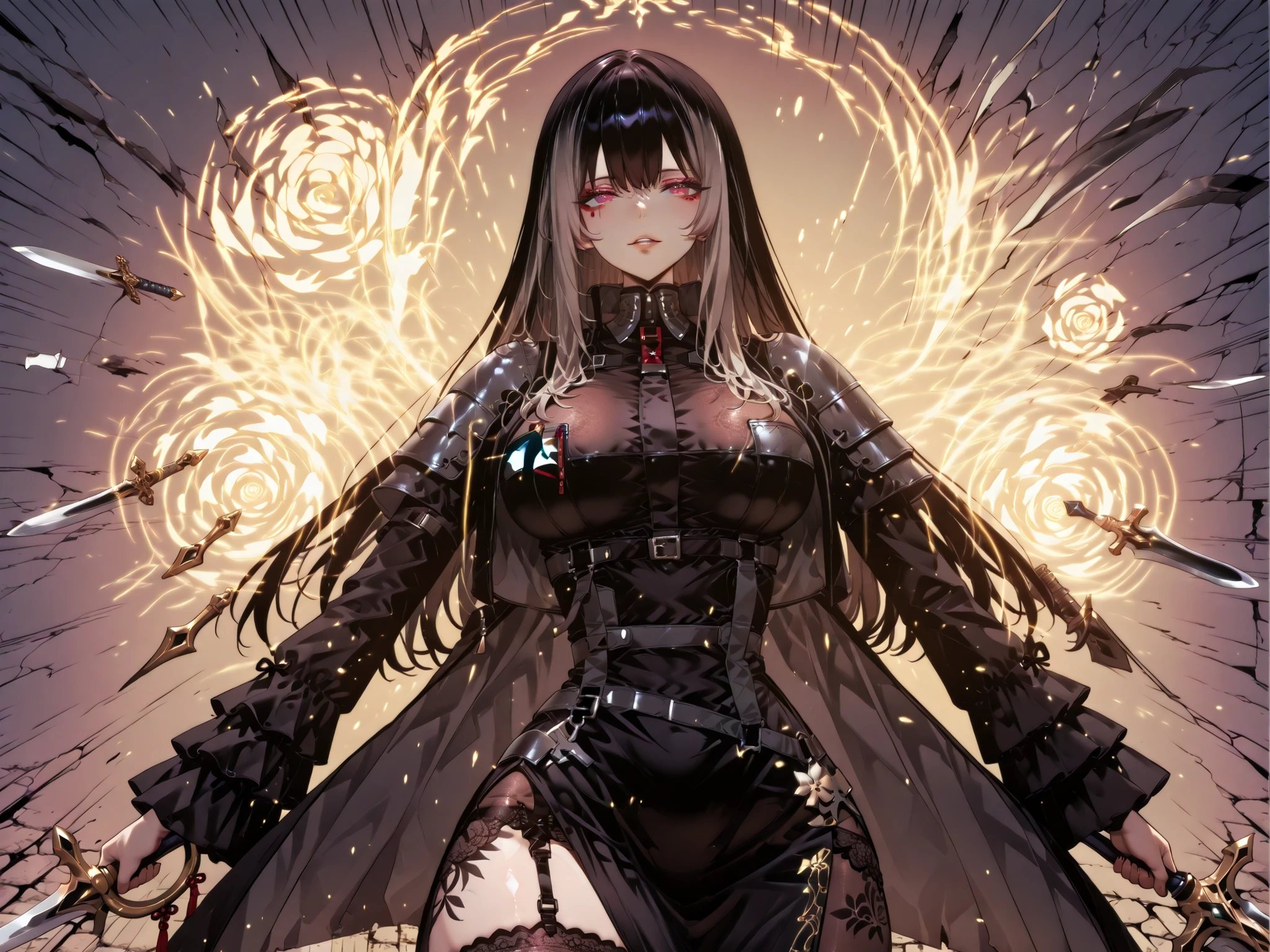 taken from above、Ball of Light、雷magic、caveの中、Ruins、black suit、black longsuit、 black long jacket、ゴスロリなshirt、Depressed、Tall Woman、A woman in her thirties、 Alassah's woman、Steins;Gate、 black longsuit 、score_9, score_8_up, score_7_up, Source_anime,masterpiece、No expression、no makeup、top quality,Beautifully Detailed Eyes, Exquisite Eyes、A sophisticated eye、highly detailed eyes and faces,unmotivated expression、lethargic face、 long breasts, Black Jacketを羽織る、Black Jacket、shirt, big saggy breasts, shockingly big breasts, big breasts,big boobs、boobs 、Zitoida, makeup、no makeup、long hair、smooth straight hair、tall woman、Tall Woman、plump thighs, parted lips、 shining eyes,(Fire Aura Onkown),dungeon内、Crimson Eyes、long hair、dark haired、黒い髪、long straight hair、dungeon、cave、Ruins、solo、soloプレイヤー、Wide ass、beautiful butt、stick your butt into the focus of your butt、long boots、Shoulder Armor、Fearless Laugh、strong、Is confident、black tight skirt with tarai in hand、Black Garter Belt、black tights、long tight skirt、Dynamic、Satu、fight、Satu狂、俺だけレベルupな件、arrogant、 Confidence々The smile 、bewitching smile、Sadist、Satu中、hunting、hunting、intimidating、magic使い、magic、magic、plasma、wear black tights、Gate of Babylon,, Floating weapon , multiple weapons , growing , Battle Axe , halberd