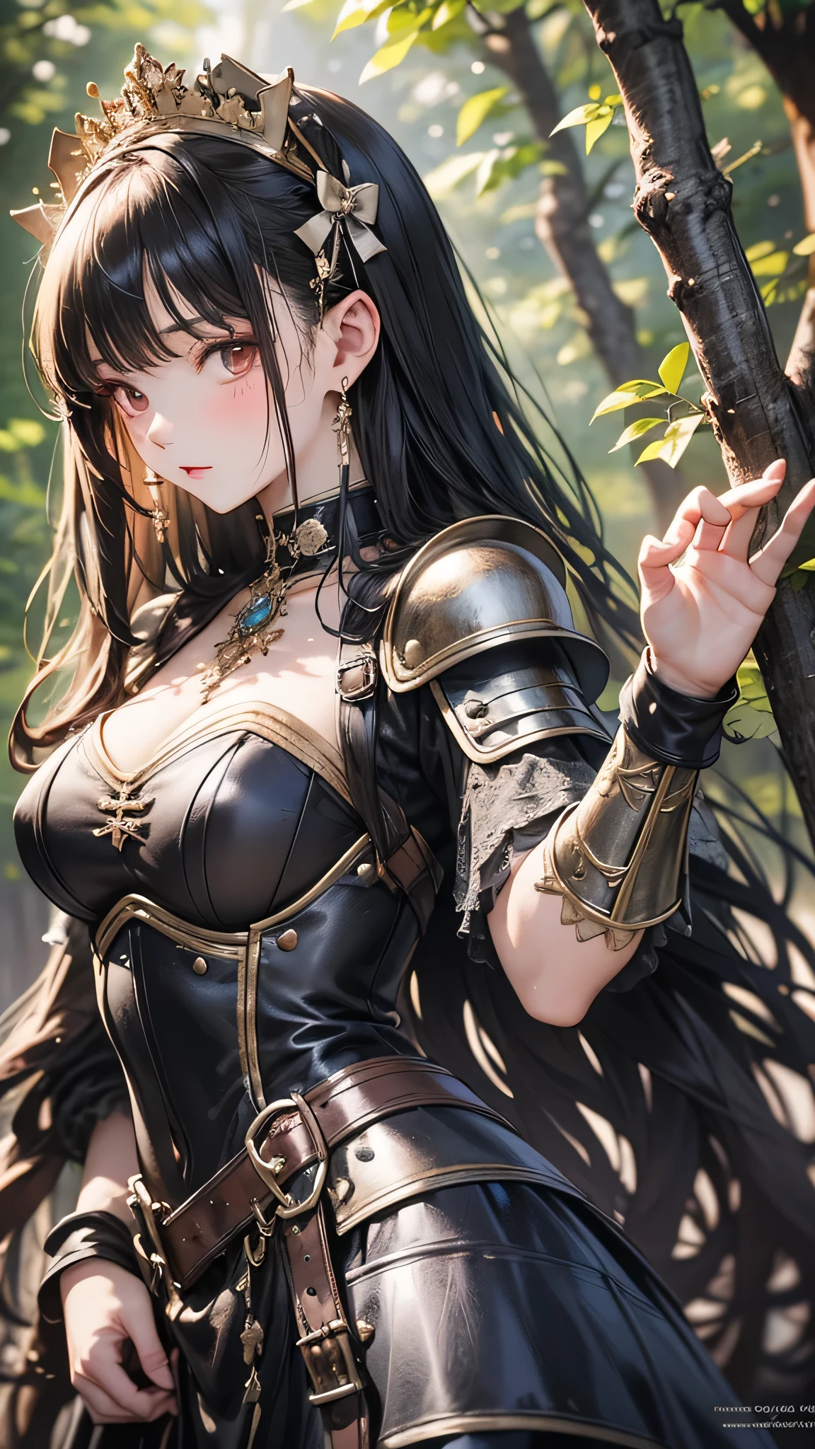 Draw Suzy, an anime-style female character with long straight black hair, thin black eyebrows, and brown eyes. small breasts, thin waist, big perky ass, thick thighs. she is wearing sexy medieval armor. She is on all fours, wounded from a bloody battle. facial expression of pain. View from the side with the camera approaching her waist, zooming in on her waist, perspective from bottom to top. scenery of a city devastated by war, reddish and dark sky, low light. injuries and scratches on the body. wrapped in black chains.