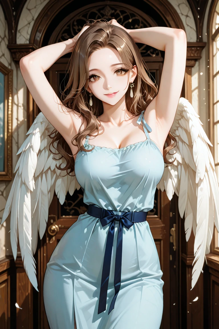 (all fours), gold boots, angel wings, wings, BREAK corset, navel, skirt, blue skirt, sunny weather, (japanese veranda background), astraea, anime cels style, best quality, high resolution, 1girl, (huge breasts:1.2), beautiful face, blonde hair, long hair, (red eyes:1.5), cowboy shot, smiling