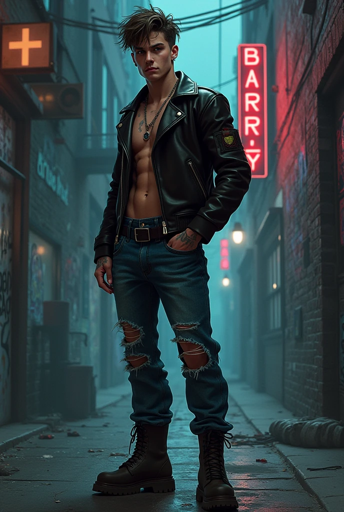 ((ultra detailed, masterpiece, best quality))
 REVChris, 1boy, solo, blond hair, beard, musculous well define, Under the glow of a streetlamp, fitted leather jacket, casual yet stylish, a glimpse of tattoos visible, hands in pockets with a nonchalant pose