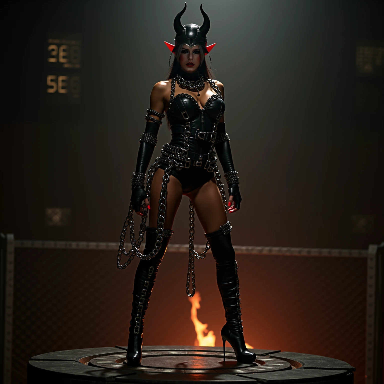 (Night view), dark room Portrait, masutepiece, Best quality, High solution, 32K HDR, Ultra-realistic texture, hyperdetailed face, Evil smile, Devil Woman, {35 year old woman}, straight black channel hair, dark purple lipstick, Detailed eyes, black tattoos on the arm, central lip ring {eroticism 1.5}, Photorealism, Full body shot, (whole room view), realistic shaved armpits, sitting on the shabby sofa seat with open legs widely, (outfit: torn, devil armor, devil wings on her back), exposed ultra huge breasts and nipple from armor, big devil horns on the head, spill ultra huge breasts and nipple out from armor, perfect body type, (in the dark shabby and messy basement), in the abandoned house, Detailed face,