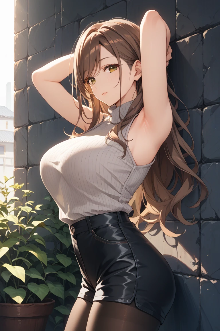 Game , goddess of victory nikke, Rapi , light brown hair, alluring eyes ,beautiful face , crystal red eyes , long hair , Korean ruffles blouse with off shoulders tops , blue colour , cleavage, armpit, necklace,white colour solid ribbed knit pencil skirt ,selfie wind, only 1pcs hand bag,,g cup breast, slender waist, bewitching thighs, five fingers each hand, two hand ,two leg , in town, date, standing, beautiful, high heels, cloudy, raining, clothes dripping wet, see through shirt , harded nipples, water dripping on body, puffing, blushing , kneeling on water