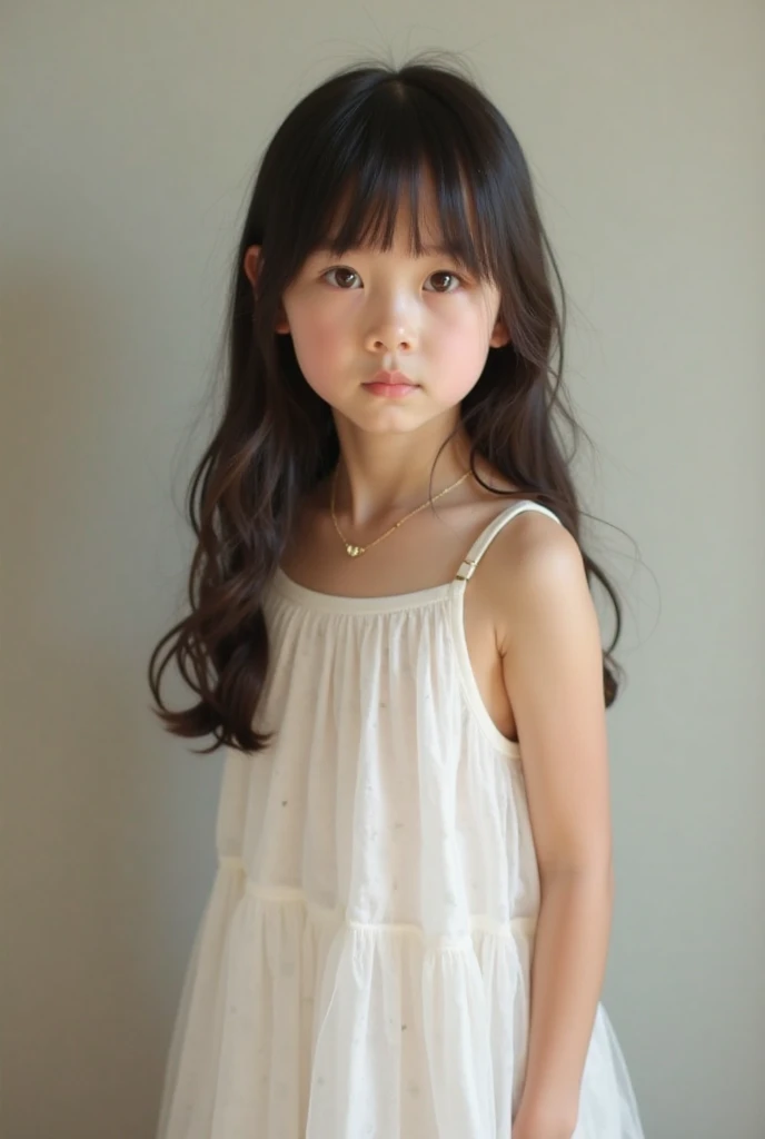 8k,masterpiece,Japanese,(:2),(child:1.4),from the front,Innocent face,Calm Eyes,One piece with frills,semi-long,Hair Clip,noon,bright,On a bed in a Western-style house,one summer day