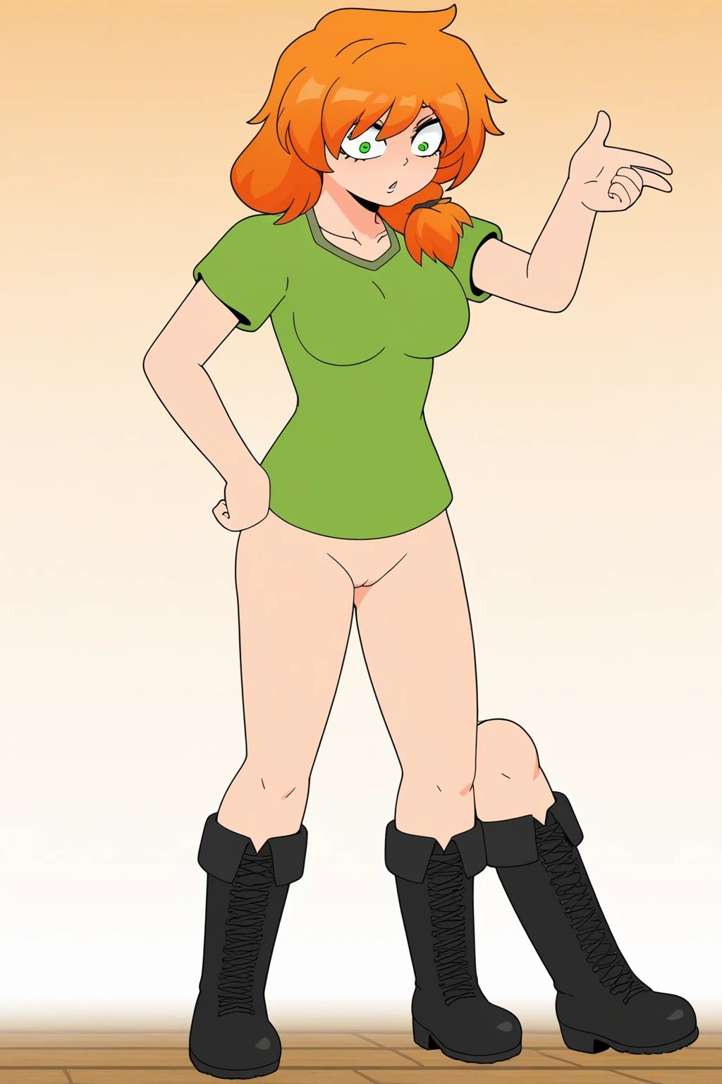 sam, totally spies, skinny, standing, inside a train, orange hair, bare shoulders, fat man behind her, pants pulled down, ahegao, bully ???-boy