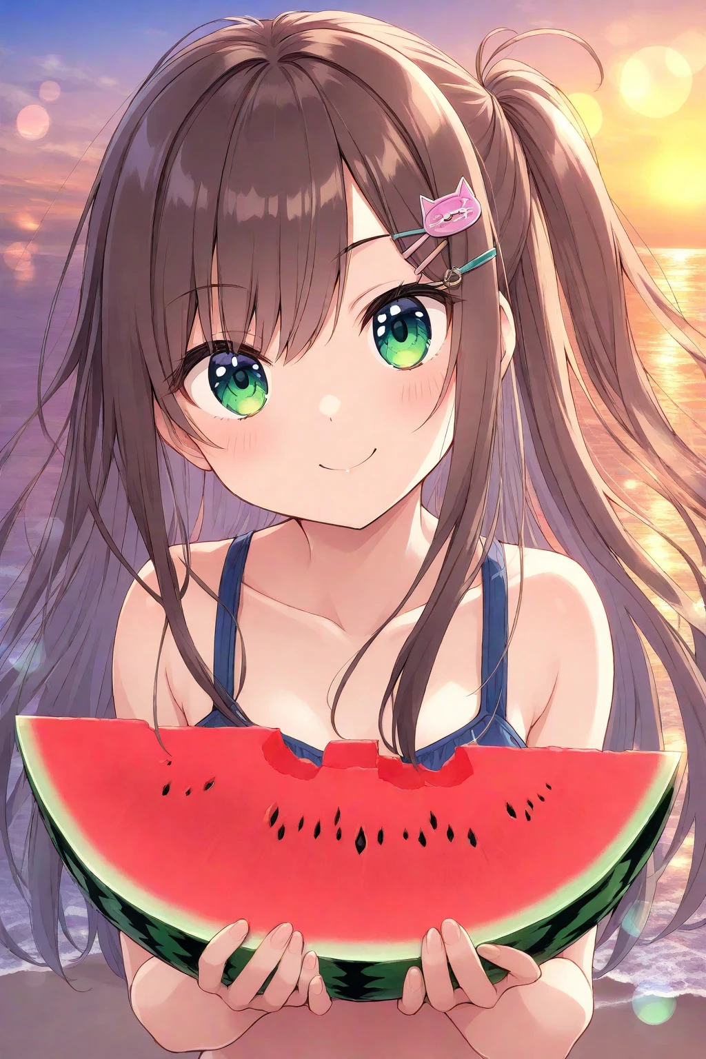 anime girl with a straw hat holding a slice of watermelon,smile, the material is!!! watermelon!!!, everyone, Pixiv, 4K Manga Wallpapers, change, The sea behind,Anime Wallpaper, Pixiv contest winner, anime art wallpaper 4k, anime art wallpaper 4k, 80s anime style,Anime Style 4k, Gwaiz, Splash art anime , 4KAnime Wallpaper