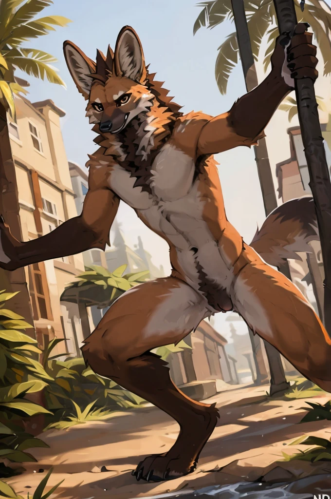 anthro,nude,detailed fur,detailed eyes,smiling,multicolored body,sheath,multicolored fur,solo,male,german shepherd,hi res,fur,digitigrade,look at viewer,side view,claws,walking,anatomically correct,city,crowd,outside,full body