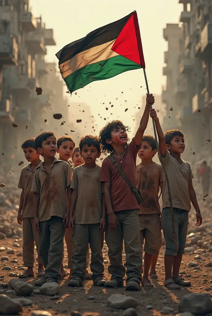 Palestine country 
multi child cry for food ,water on drwa pictures with flag hungry 