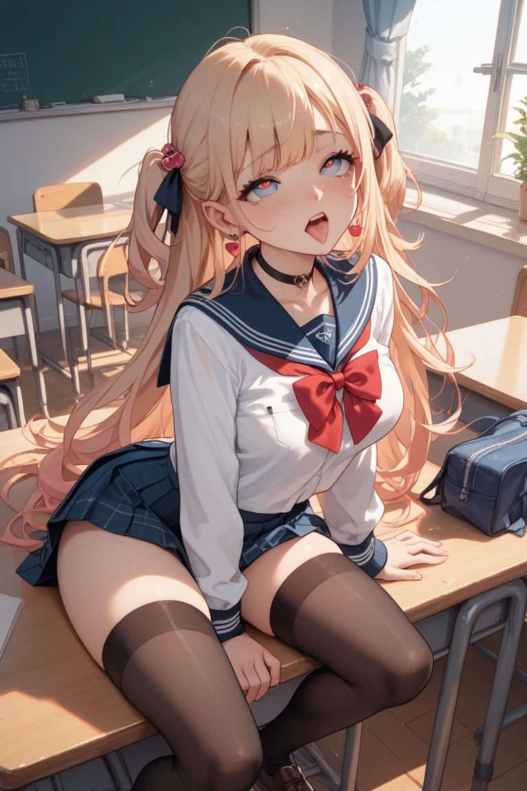 masterpiece, high res, 4k, perfect long legs, perfect arms, cute face, rose cheeks, school girl, school uniform with bows and ribbons, mini pleated skirt stockings, pigtails, long blonde hair with bows and ribbons, tiny body, sexy body, squatting, legs open, tight panties,