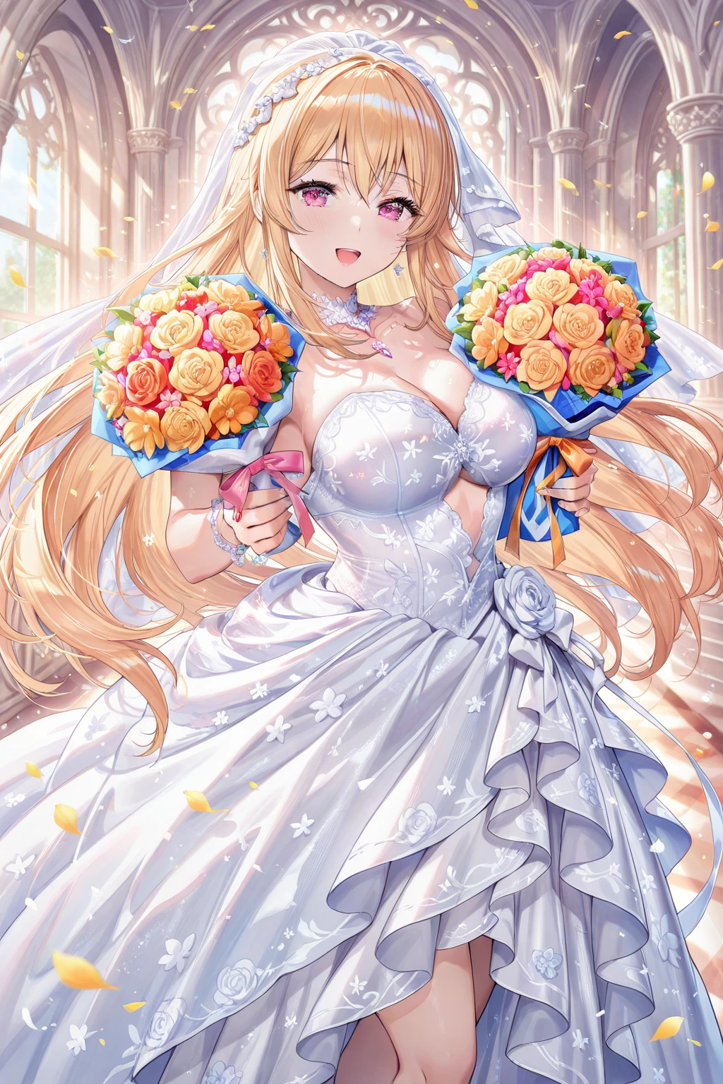 (thin blonde hair:1.2),(long hair:1.3),(hair with volume:1.25),(big ribbon:1.3),(brown eyes:1.4),(Eye size:1.5),(sphere accessories:1.3),((feminine fashion:1.4)),(Background full of blooming flowers:1.5),(blush),(upward glance:1.3),(small breasts:1.4),((focus on face:1.5)),((look up:1.25)),(fashion color White、darkBlue、purple、pink:1.3),(smile:1.2),((Hug your breasts:1.5))