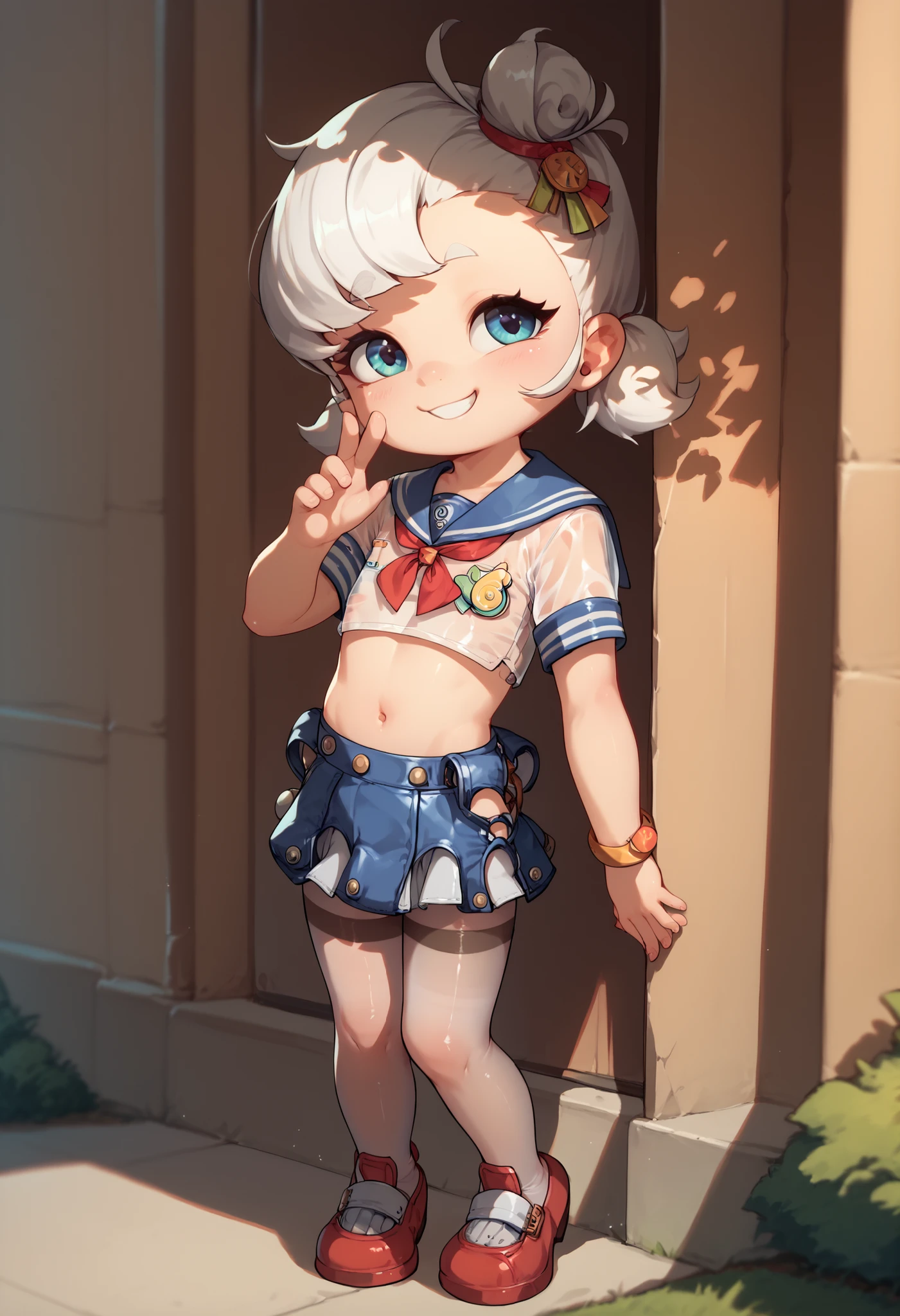 pantyhose,loli,sailor,microskirt,cute,wariza,white hair,smile,crop top,see through