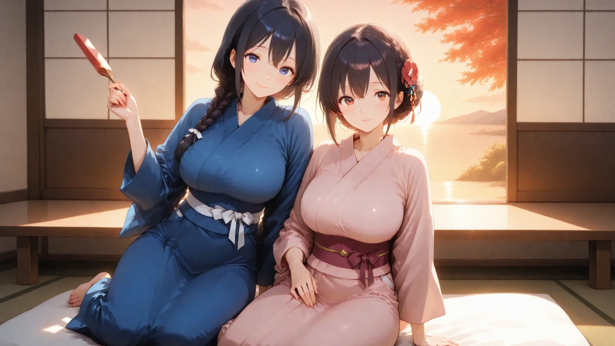 2 girls、Grown-up、Blue-haired、pony tail hair、Colossal tits、beutiful breast、Beautiful、looking upwards、((Kimono))、paler、fabric that fits your body、her nipples are pink and very small.、((Nipples are see-through))、((areola is visible))、Posture on all fours、on the beds、crying how bright、top-quality
