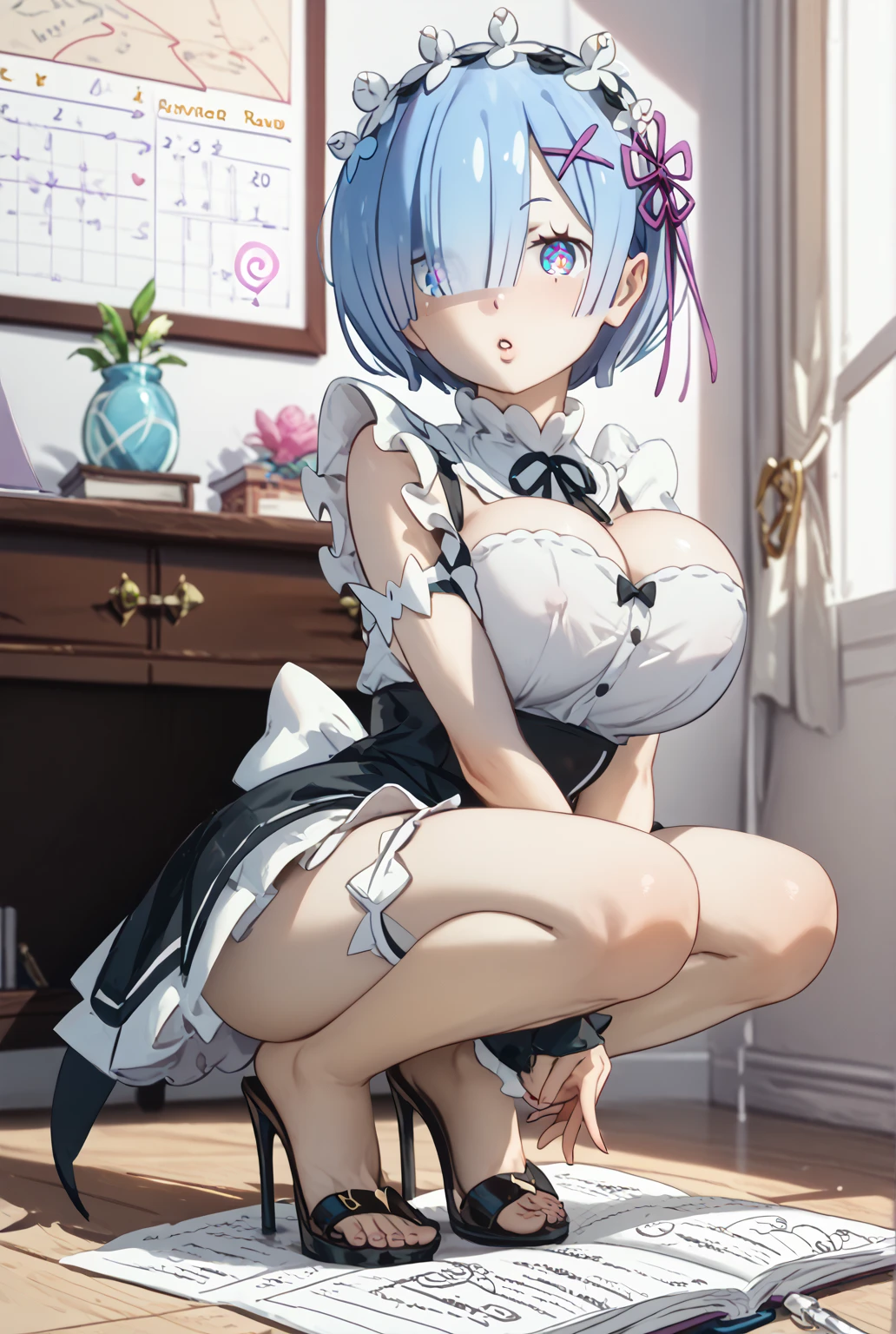 (masterpiece, best quality ) rem from rezero, blue short hair, maid costume, blue eyes, sitting on a window sill with a black bra and cuffs, wrapped in leather straps, leather cuffs around wrists, restrained, harnesses and garters, handcuffed, handcuffs, dominant pose, sexy dominant pose,