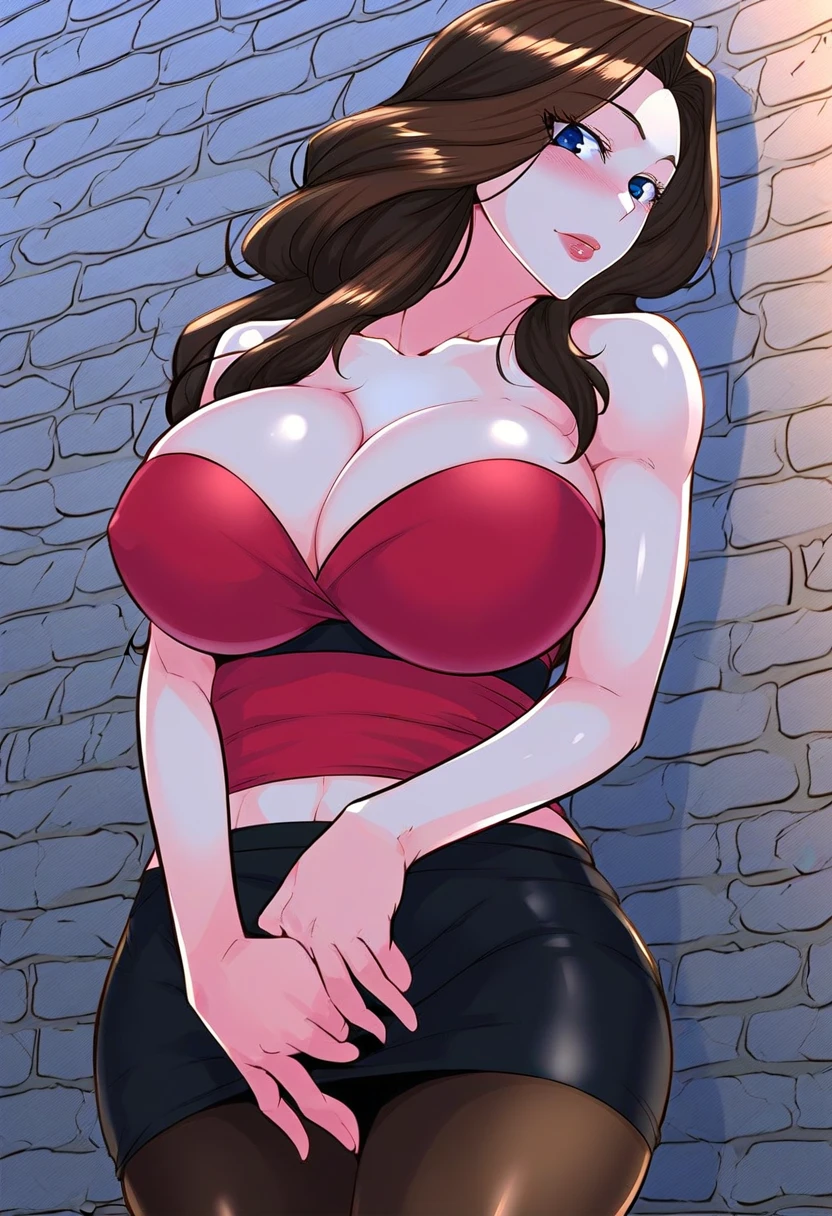 detailed illustration (side view),dynamic angle,ultra-detailed, detailed eyes, detailed face, 1girl, night , nightime, stars, 1940’s wife, tight and strained button up blouse and long skirt, anime eyes, lidded eyes, angry, standing in a nice house, domestic goddess, black hair, huge breasts, wholesome yet sexy, motherly, nurturing, MILF, glass sliding door, moonscape outside, dark blue eyes, highly detailed eyes, detailed eyes, bright eyes, long hair, wavy hair, red lips, buttons straining, cleavage too big, gaps between buttons, chest busting out, mad, yelling at camera, pointing at camera, beautiful face, attractive face,  spilling out, Impressionist acrylic painting, 1woman, a beautiful young black haired woman, black halter dress, breasts, hips, midsection, inviting smile, realistic face, French braid, blushing, inviting eyes