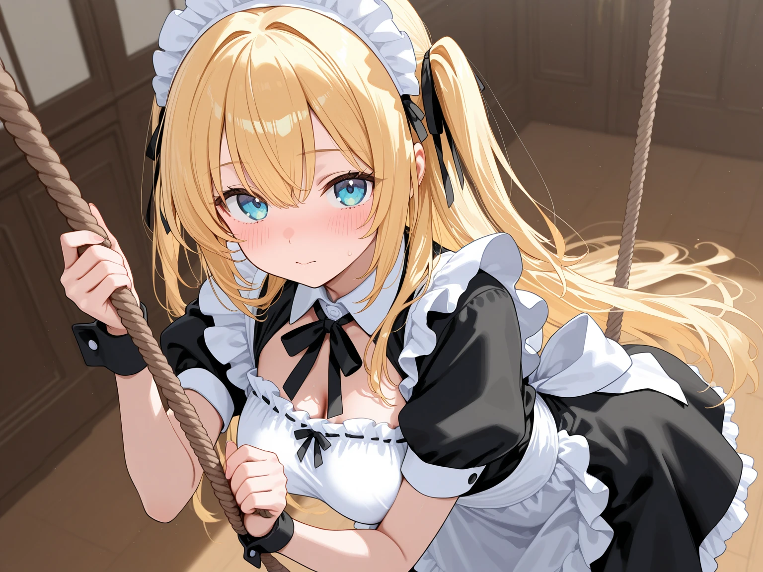 Shiny blond hair, very long hair, sophisticated haircut, ((((hair fully braided)))), ((small twisted braids)), thin and oval face, submissive, (((gagged))), ((((very cute maid girl)))), ((((very cute black maid dress)))), ((((cute waitress serving a blond man)))), cute and blushing 18 years old anime girl, look away because she is embarrassed and blushes, bright blue eyes, detailed face, detailed members, detailed arms, detailed hands, ((((sparkling diamond jewelry)))), tiara, ((makeup)), high heels, puffy sleeves, long gloves, long eyelashes, maid costume, maid dress, maid girl, Girl lying, tied by ropes, shackled, can no longer move, tied tightly, very hard tied up with lots of ropes, hampered by so many ropes that she can no longer move, bound hands and feet, ropes tie his whole body, tied extremely tightly and forcefully to her bed by a lot of ropes, its limbs are strongly tied together by ropes, his torso is tied up with thick cords, her chest is so tied up with ropes that it sticks out, her legs are tied tightly with thick ropes, his hands are tied behind his back with ropes, she can no longer move her feet, her hands which are tied by thick ropes, she desperately tries to free herself, likes to be tied tight with big ropes, likes to be immobilized by big ropes, lying down, his hands and feet are strongly tied to the railing of his bed, his legs are pressed together and tied with ropes, its limbs are held vigorously by imposing ropes, her hands are tied securely behind her back by ropes, her chest is compressed by strong ropes, she is pressed against her bed and restrained by large ropes (shibari, arms behind the back:1.4), (hands on the back), (masterpiece, best quality) 1.5, 1girl, solo, (sexy, beautiful woman, perfect face, perfect eyes, perfect hands), samus aran, (shibari, arms behind the back:1.4), (hands on the back), Spread the legs, s&#39; ((lie in bed by big ropes)), ((close up of the girl)), ((((lie in bed))))