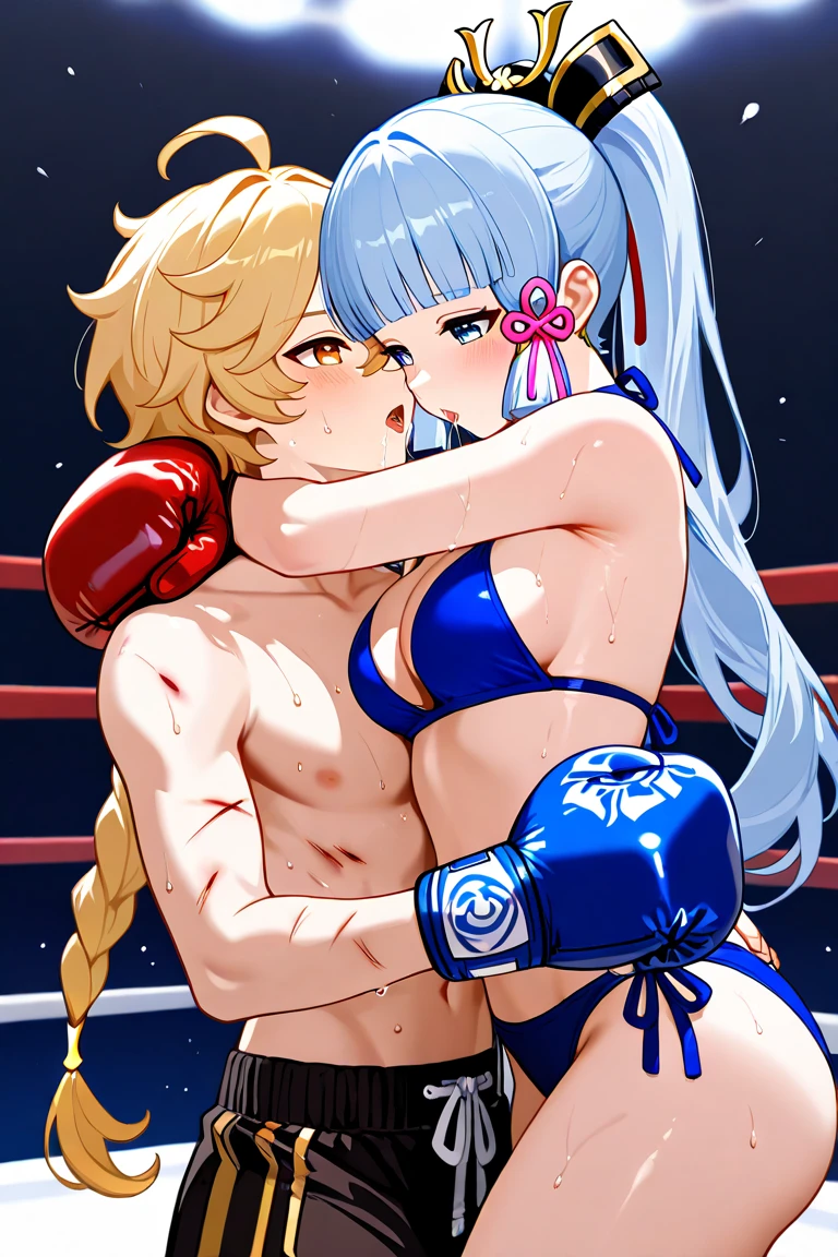 (((masterpiece))),(((best quality))),(ultra-detailed,high resolution:1.2),(illustration),((an extremely delicate and beautiful)),(detailed background), ((((hug from behind)))), sex from behind, standing sex, ((((motion lines)))), vulgarity, (cum in pussy:1.4), ((((wrestling ring)))), ((1girl)and(1boy)), hetero, ((((1girl,short stature)))),((((miyako(swimsuit)/(blue archive/)))), (slender body:1.4), (long hair,ponytail),white hair,bangs, purple eyes, (midium breasts), covered navel, collarbone, pale skin,shiny skin, ((She wears one piece swimsuit,frilly swimsuit, hair ribbon)),  (ahegao,rolling eyes:1.4), (trembling), (cum on clothes,cum on body,excessive cum:1.4),cum facial,bukkake,cum on hair, clothing aside, clothed, (1boy,tall stature:1.4), ((((Tartaglia/(((genshin impact/)))), [[[[he looks smug]]]], large penis, text,