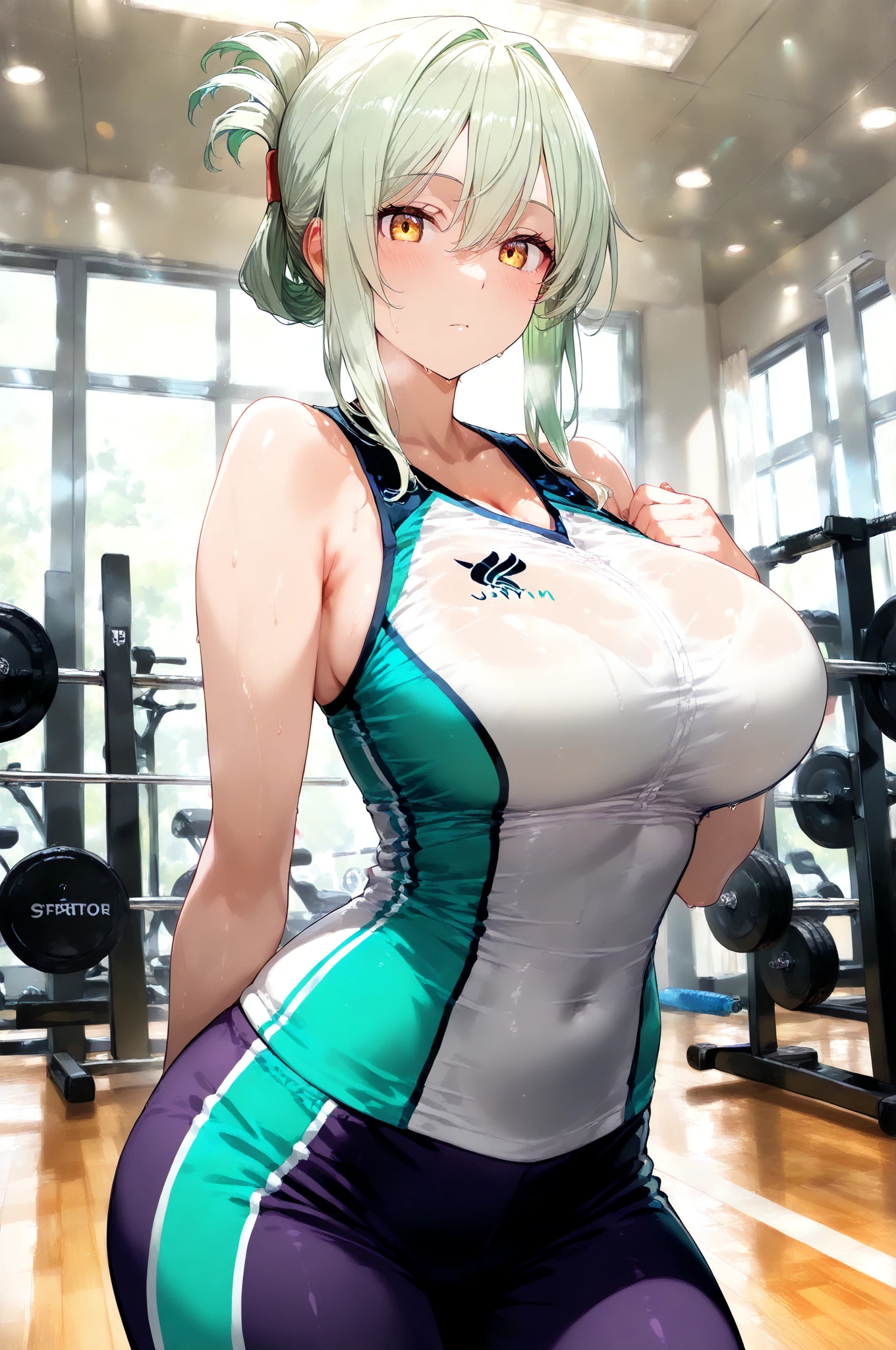 masterpiece, best quality, high quality, beautiful anime character, (((white background, blank background, empty background))), solo, anime girl with green hair, big breasts, ((mature female, tall female)), big girl, thick, (athlete swimsuit, swimsuit), navel, slim thick, cute pose, looking at viewer, glistening skin, body focus, body shot, armpits, sweat, slim, (no head in frame),