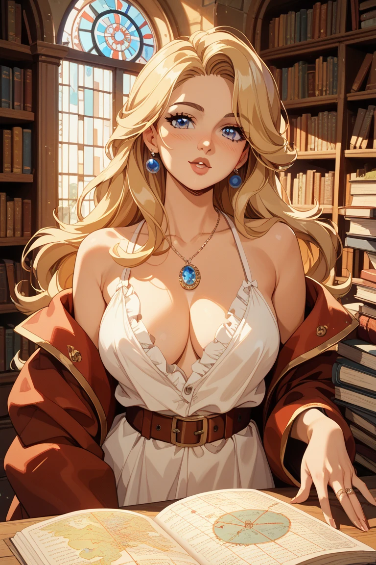 Masterpiece, Best Quality, (((Solo mature woman Janet))), (((platinum blonde hair))), long braided Ponytail, (((wide hips))), (((light blue eyes))), full lips, seductive smile, cleavage, sitting on wooden throne, (((bookshelves, candles))) sunset, blushing, , "beautiful mature face" , age30 , MILF , adult ((open kimono with detailed patterns of gold)), bare shoulder, ((Sexual suggestiveness)), perfect beautiful eyes, detailed eyes. thick lips, ((big boobs)), (Thick thighs), top down, looking down, (((shiny skin))), (((chubby))), (((crystal Ball))