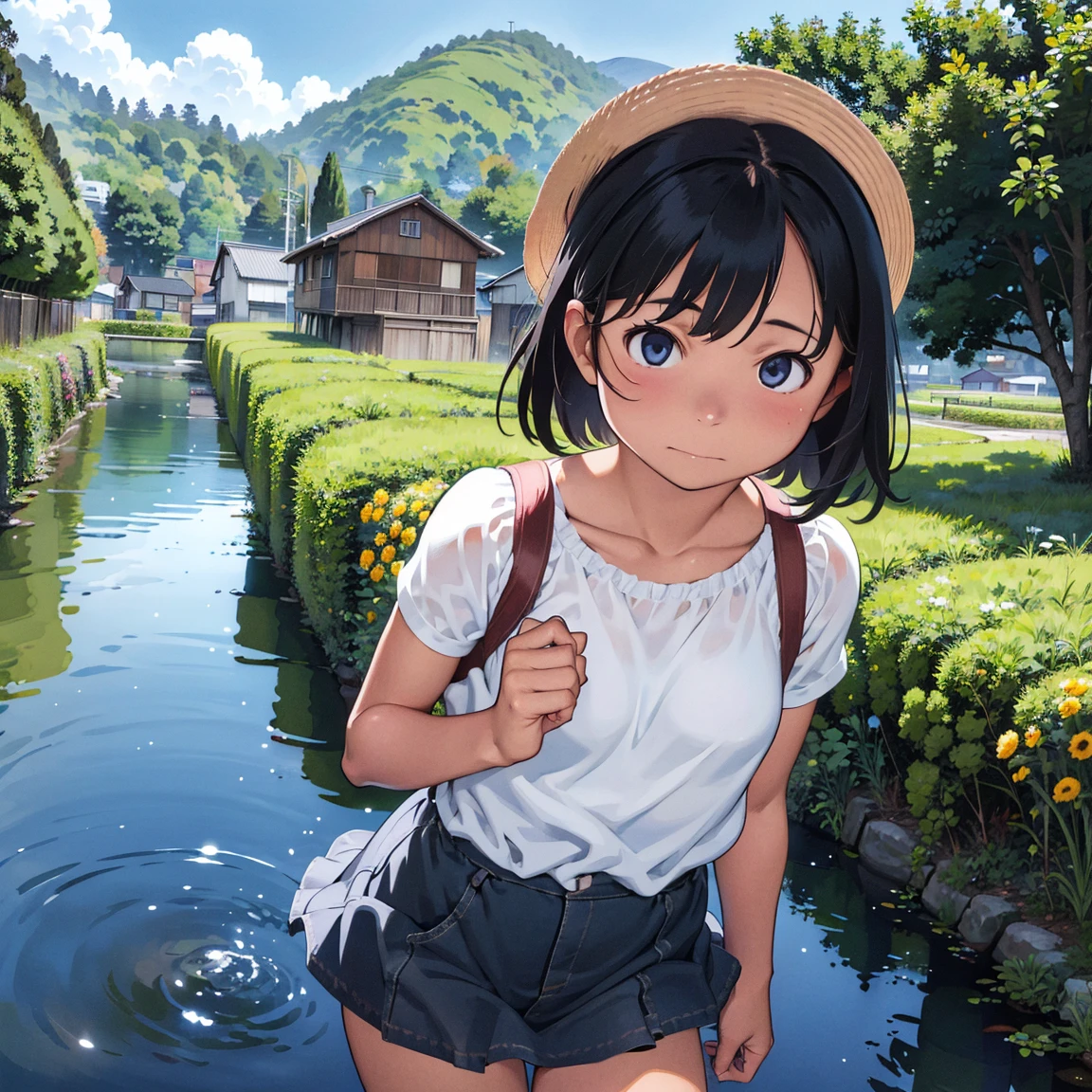 12-year-old girls、Healthy girls、Cute Girls、Summer sun、cumulonimbus、Blue sky、Straw hat、Japanese countryside scenery、Rural Scenery、Paddy field、Azemichi、Small irrigation canal、Standing side by side、Tank top and mini skirt、Looking at this、I have a lot of vegetables、Embarrassed look、Shy laugh、Red cheeks、after the rain、Soaked clothes、Wet Hair、Wet body、