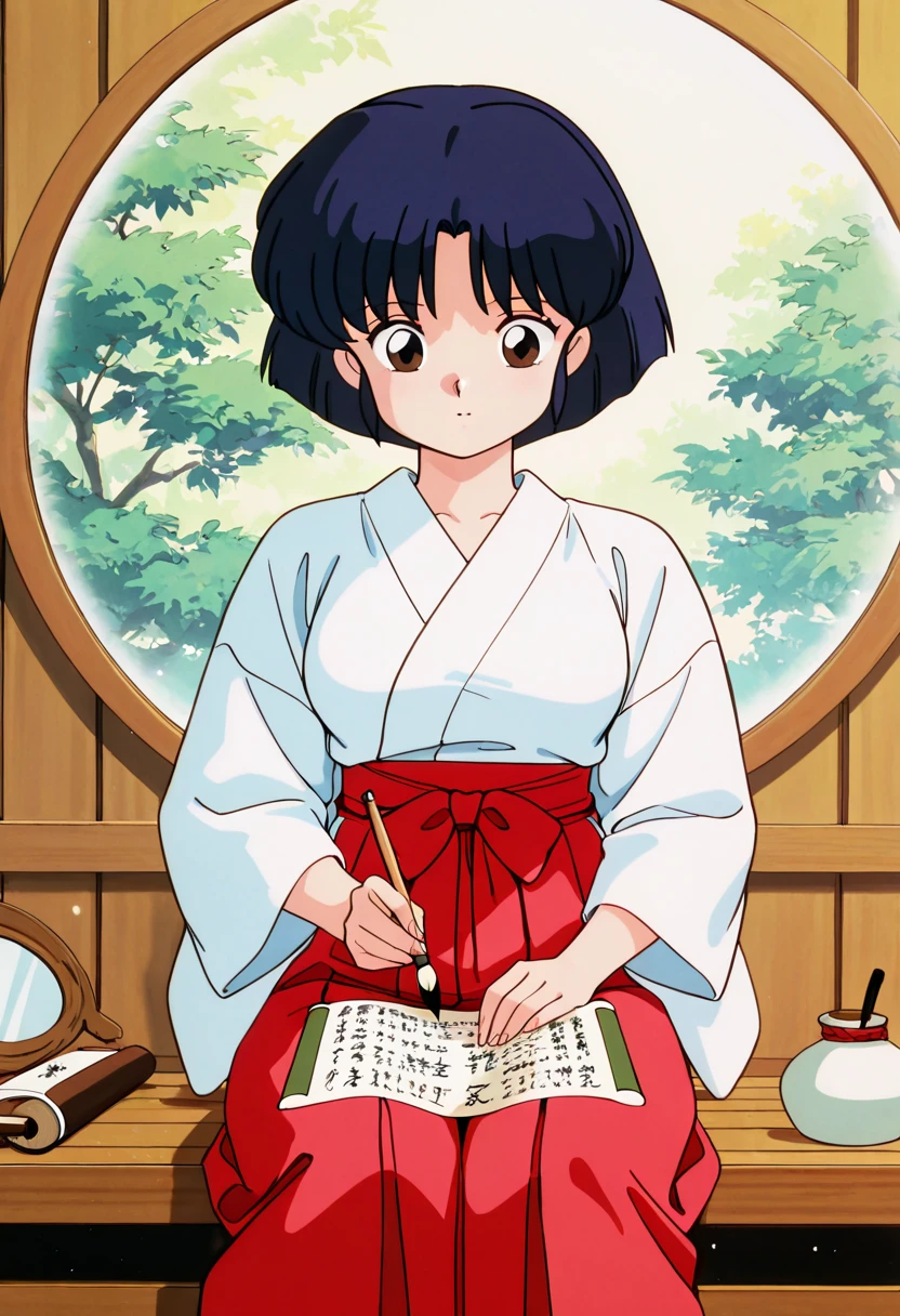masterpiece, best quality, newest, absurdres, highres, detailed eyes, beautiful, detailed background, perfect eyes, anime coloring, 1990s \(style\), 1girl, solo, tendou akane, black hair, short hair, brown eyes, medium breasts, dark blue hair, short hair, bangs, medium breast, (the round mirror sits small wooden stand on an altar with a traditional Japanese design:1.2), (a girl is sitting upright in front of the altar, writing on a scroll with a brush:1.2), (she is facing a round mirror:1.2), wearing a White kimono with red hakama, sincere atmosphere, background is inside a traditional Japanese shrine, natural lighting, lush green forest background,