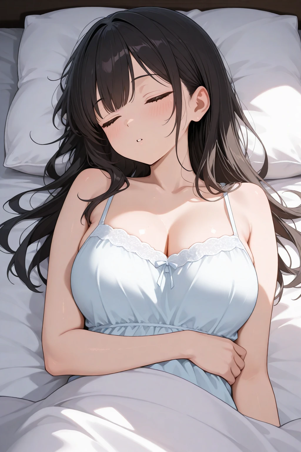 Amazing portrait of a sexy and cute woman with a beautiful face and black brown long straight hair and seductive eyes while blushing intensely with her lips parted and ready to kiss wearing a long oversized white shirt and lying on bed