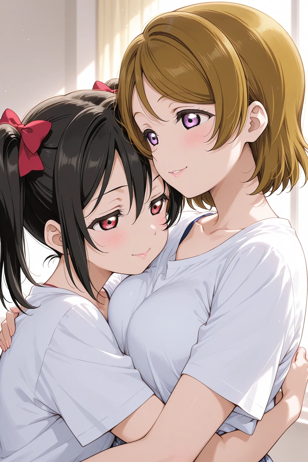 2 girls , bed,(Yukinoshita Yukino) , (Iroha issiki , brown hair) ,kiss , Drool,  check skirt, the skirt is rolled up, white panties ,light blue panties, sex