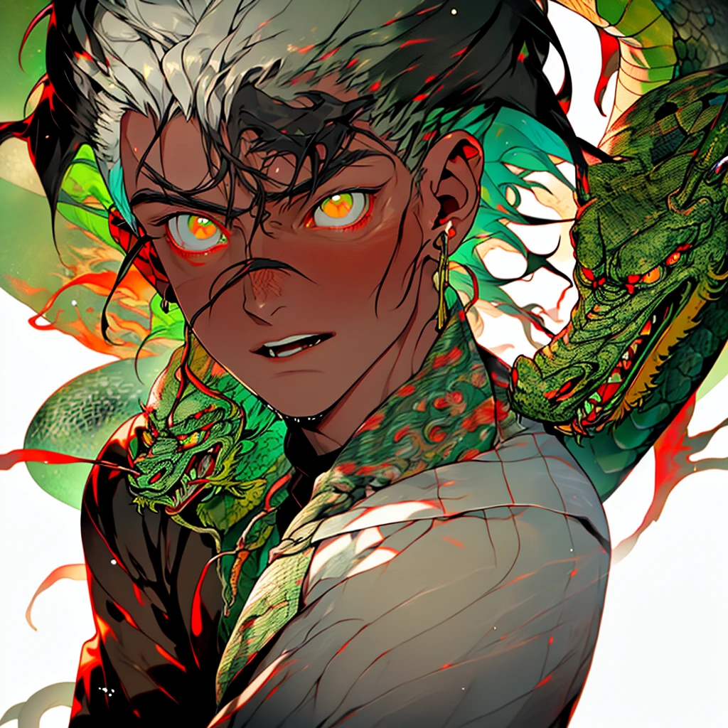 Generate an anime-style illustration of a teenage male character with the appearance of a Gorgon. He should have pale skin, sharp  features, and a monstrous look, with green scales covering parts of his face and body. His hair should be made entirely of slender, elegant white snakes with subtle green highlights, all oozing a green liquid aura. The snakes should have piercing red eyes. The character should be wearing a white trench coat hoodie with accents of green, creating a harmonious green and white color theme. He should have a sinister grin on his face. Please ensure that the overall aesthetic remains true to traditional anime art style