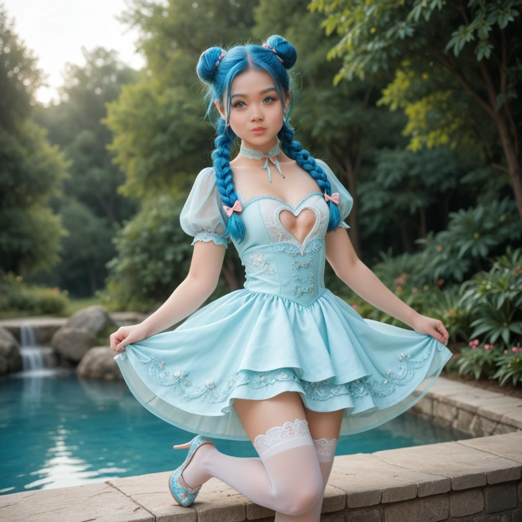 One Girl, Age 35, alone, ((Long light blue hair 1.4)), ((Sweaty 1.5)),((Shiny skin 1.4)),((Thighs)), Brown eyes, ((Pink miniskirt maid outfit 1.5)),((Knee-high socks 1.4)),whole body, bangs, Realistic,((Small Breasts 1.2)), 4K, Highest quality, Slender beauty, Extremely clear images, 8k, Beautiful pose, Photo session、((Cute pink maid outfit))、smile、Straight hair,((Hot Spring Background))