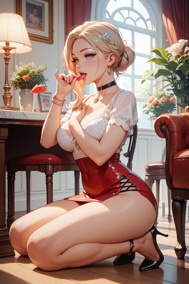 (masterpiece), best quality, perfect face, big , stockings, knee high socks, garter straps, elbow gloves, , masturbation, blushing, large , puffy erect , big boobs