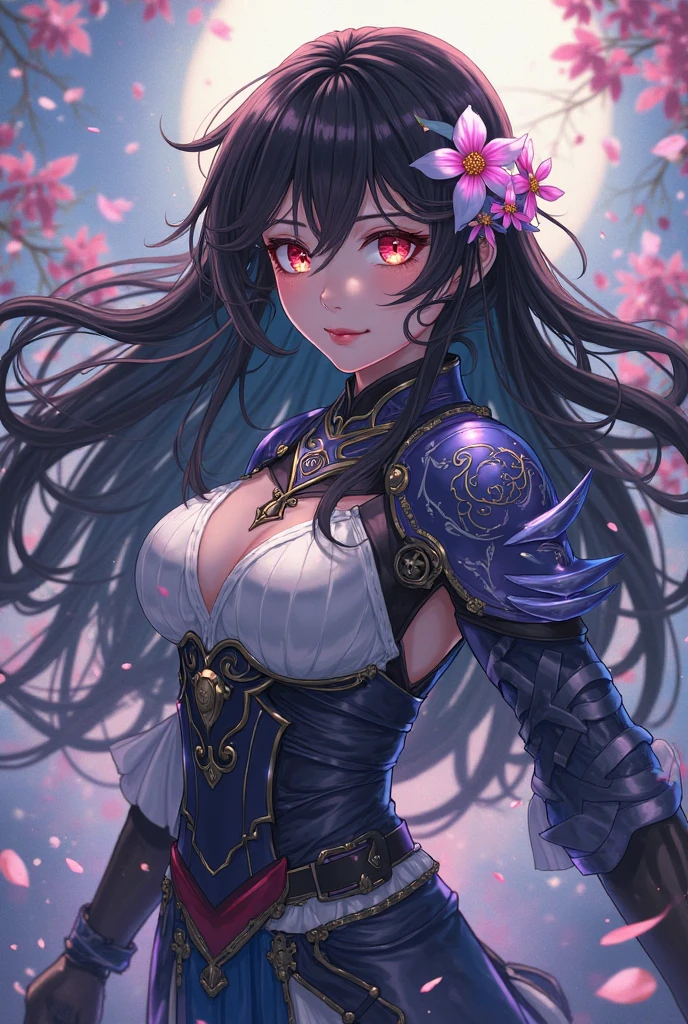 m_style, A beautiful portrait of a girl, assassin, anime girl, anime, illustration, intricate, cinematic lighting, highly detailed, octane, digital painting, wavy hair, full body shot, Polychromatic noir, paper cut art, tenebrism, Neal Adams and Leonardo, 8k, moonshine, reflection, sharp focus, sakura petals, vibrant colours