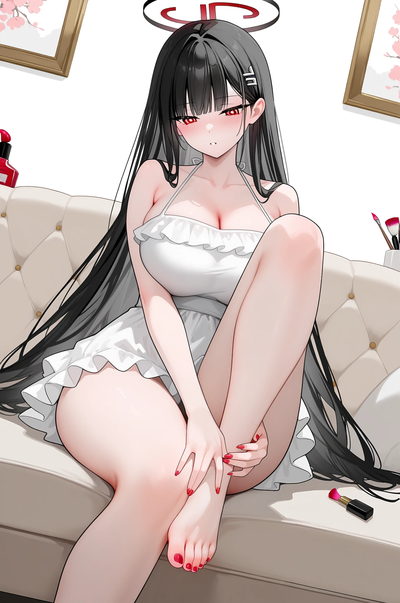 (High definition images), (character Boa Hancock), (((Red cheeks, An embarrassed expression)), The legs are very long, The legs are small and slender, ((White lace dress)), (Not a skirt and no pants), No shoes, (not wearing underwear), (no underwear), ((panties pulled down)), (no panties, Visible genitals), (Around the vagina and only the vagina is wet with a clear white syrup), Clear syrup leaks from the vaginaม (There is a lot of pubic hair), (full body image), The shirt came off and a little bit of my breasts were visible, In a restaurant.
