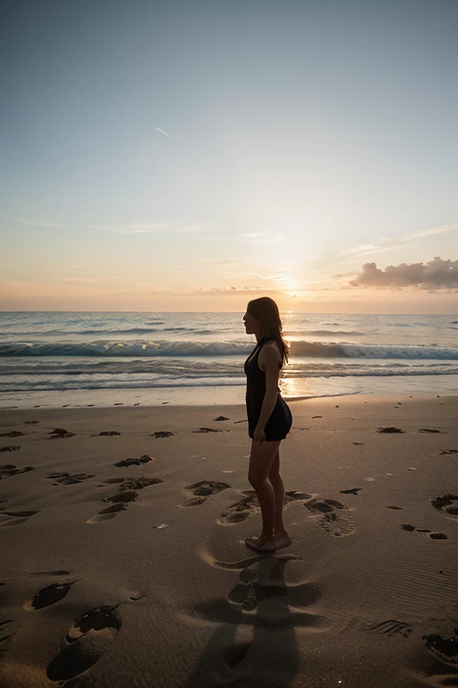 A 30-year-old woman stands on the wet sand on the seashore against the backdrop of sunset
