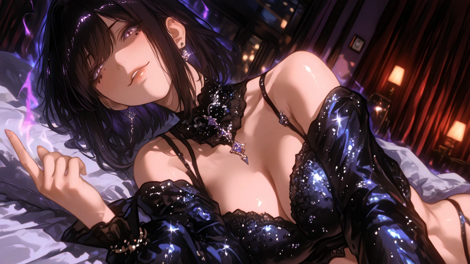 (top-quality:1.5),(masterpiece:1.5),(detaileds:1.5),(nsfw:1.1),(high resolution:1.5),(Beautiful and Aesthetic Work: 1.5),(Ultra High Resolution:1.5), (Ultra Detail:1.5),(Detailed background:1.5),(8k),(insanely detailed),20 year old woman,Sexually attractive body,full body shot, erotic,fine art,Sharp focus,Delicate and beautiful hair and eyes and face,realisticlying,beautiful face,bewitching look,curled hair,vacant eyes,erect nipples,show off nipple,gigantic breasts,narrow waist,slender legs,microminimum slingshot bikini,(see-through:1.5),lie in bed,(Sweat all over the body:1.5),Bedroom at night,cervix opens,spread pussy,show off pussy,(Love juices gushing from the vaginal hole:1.5),Sexy bikini with little cloth,(see-through:1.5),Sit at the table,Wear a shawl on your arm