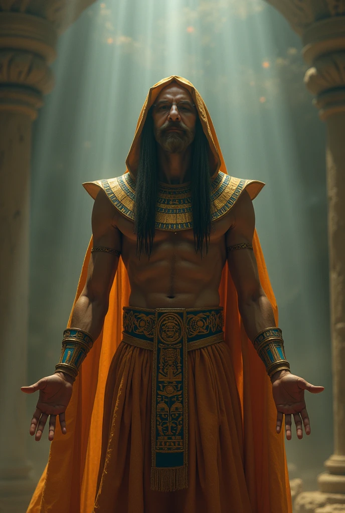 Create an ultra-realistic image of Dumuzi, the shepherd god and husband of Inanna, as he offers himself to descend into the underworld. Dumuzi should be depicted with a mixture of sorrow and resignation on his face, his strong yet gentle features reflecting the weight of his sacrifice. He wears traditional Sumerian attire, with simple but finely crafted robes and a headpiece symbolizing his connection to nature and fertility. His hands are extended, as if in surrender, with soft light illuminating his figure while shadows of the underworld begin to creep around him. Behind him, a golden sunset contrasts with the dark, foreboding entrance to the underworld, symbolizing the transition from life to death. The scene captures the emotional depth of his choice to take Inanna's place in the realm of the dead.