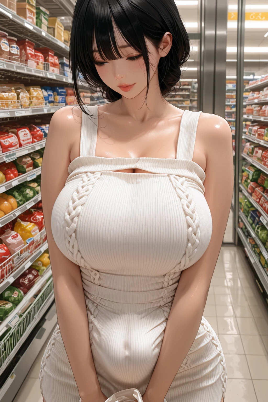 Woman with very huge breasts walking through the supermarket showing her provocative cleavage