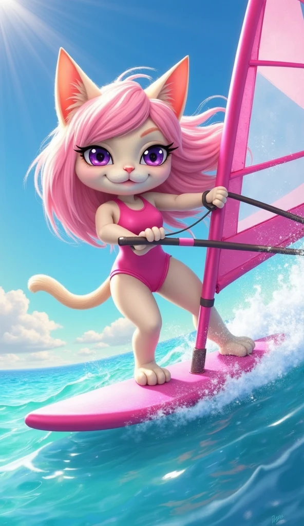 coco, furry, (((Masterpiece))), (amazing background details), (amazing lighting), wet orange fur (whole body), (detailed wet fur), wet blonde hair, wet ponytail, goggles on head, pointy ears, black nose, cute big blue eyes, :D, determined look, looking away, smile (mouth cute fang), wet white shirt (translucent), medium boobs, pink bikini, pink nails, (riding a jet ski:1.2), wave riding, outside (ocean, daytime), waves, light rays (raytracing), close-up shot