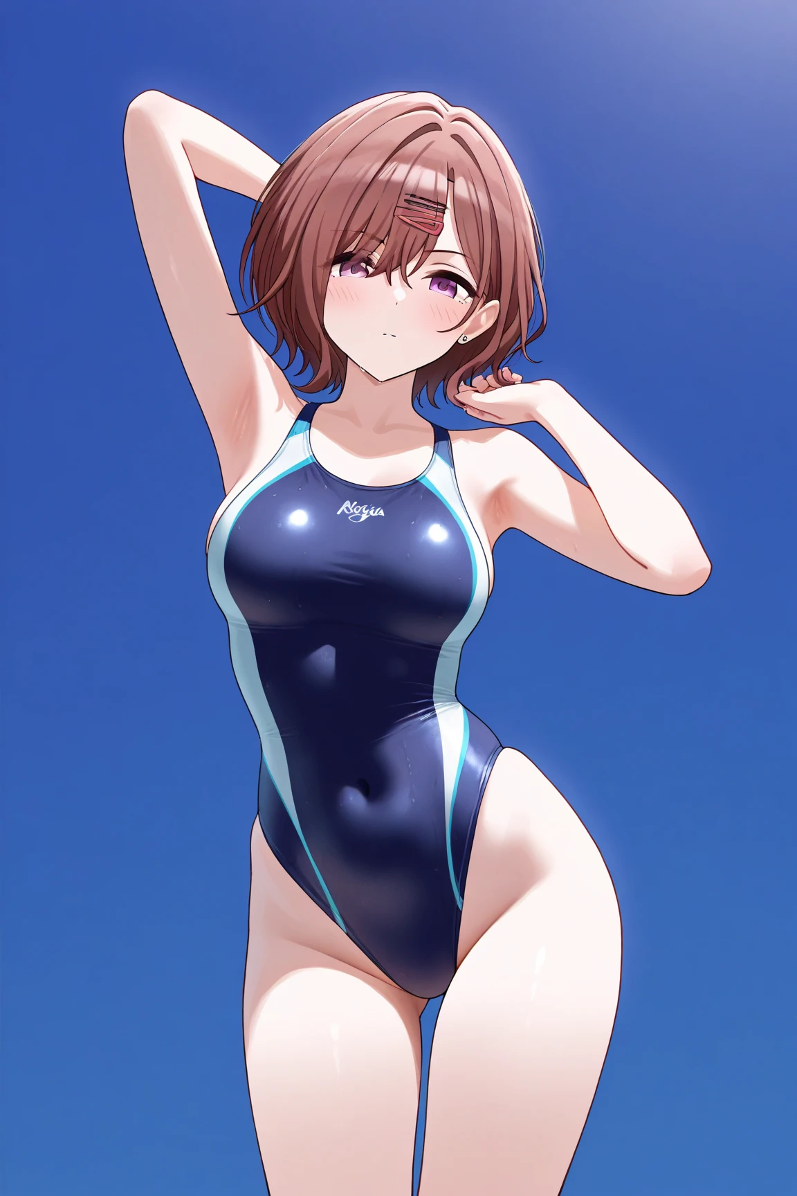 (masterpiece, best quality, 8K, high resolution: 1.2), leotard, groin, oily skin, racing swimsuit, fatal smile,