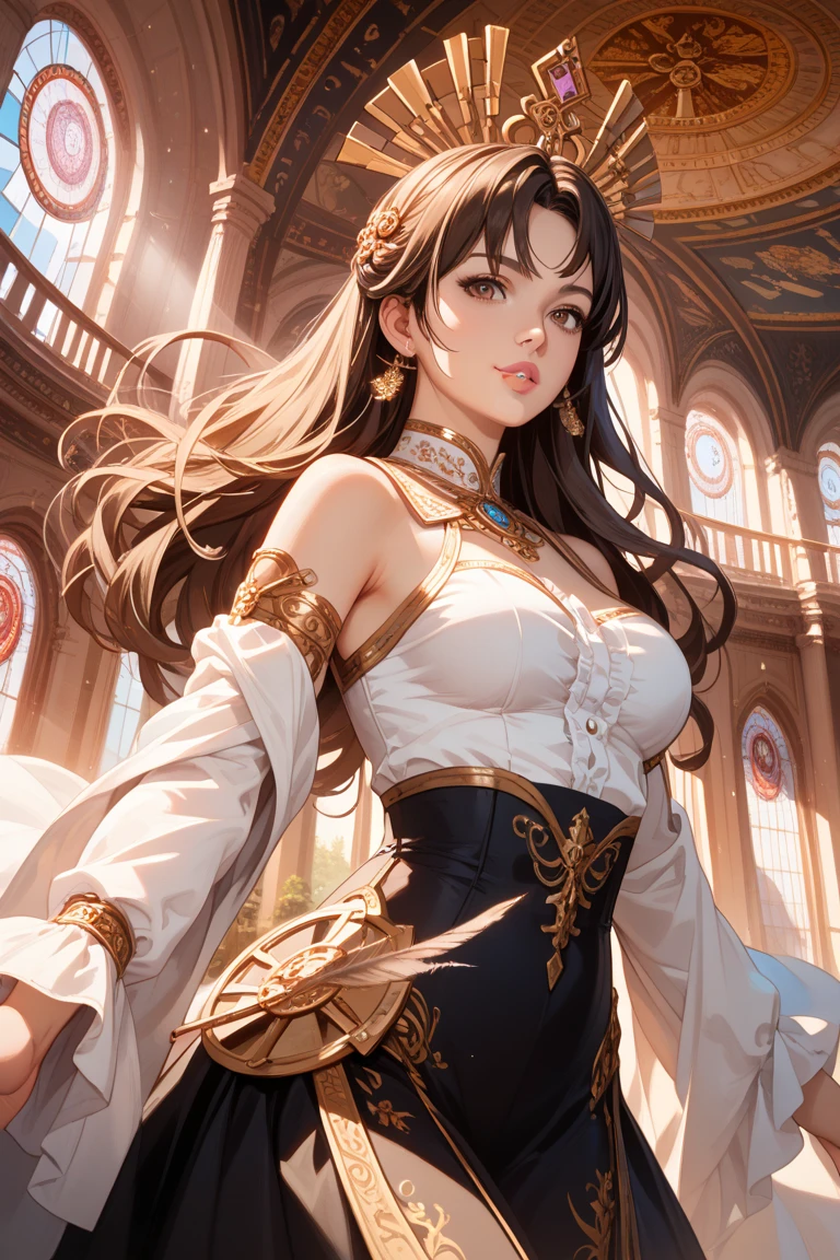fancy, 19th-century, PRİNCESS, Woman, 精致的面容, long light brown hair, blue colored eyes, in a white royal dress with open shoulders, gold patterns on fabric, crystal jewelry, with a scarlet ribbon on the shoulder in the monarch's regalia, Gothic castle made of white stone in the background, Lumiere, giorno, High definition