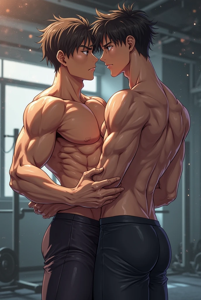 2 boys duo 2men rugged muscular shirtless kissing (naked), Natsu Dragneel and Gray Fullbuster kissing in a shower. Good body proportions, good composition, arms on waist, embrace, good arms good hands, ((distinct arms:1.2)). Tattoos and two penis and two scrotum and rugged. (Masterpiece, HD, 8K, Detailed skin texture, Water droplets, particles, change render, artstation, deviantart)